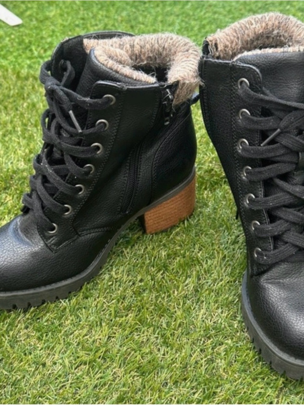 Steve Madden Black Lace-Up Ankle Boots with Brown Block Heel